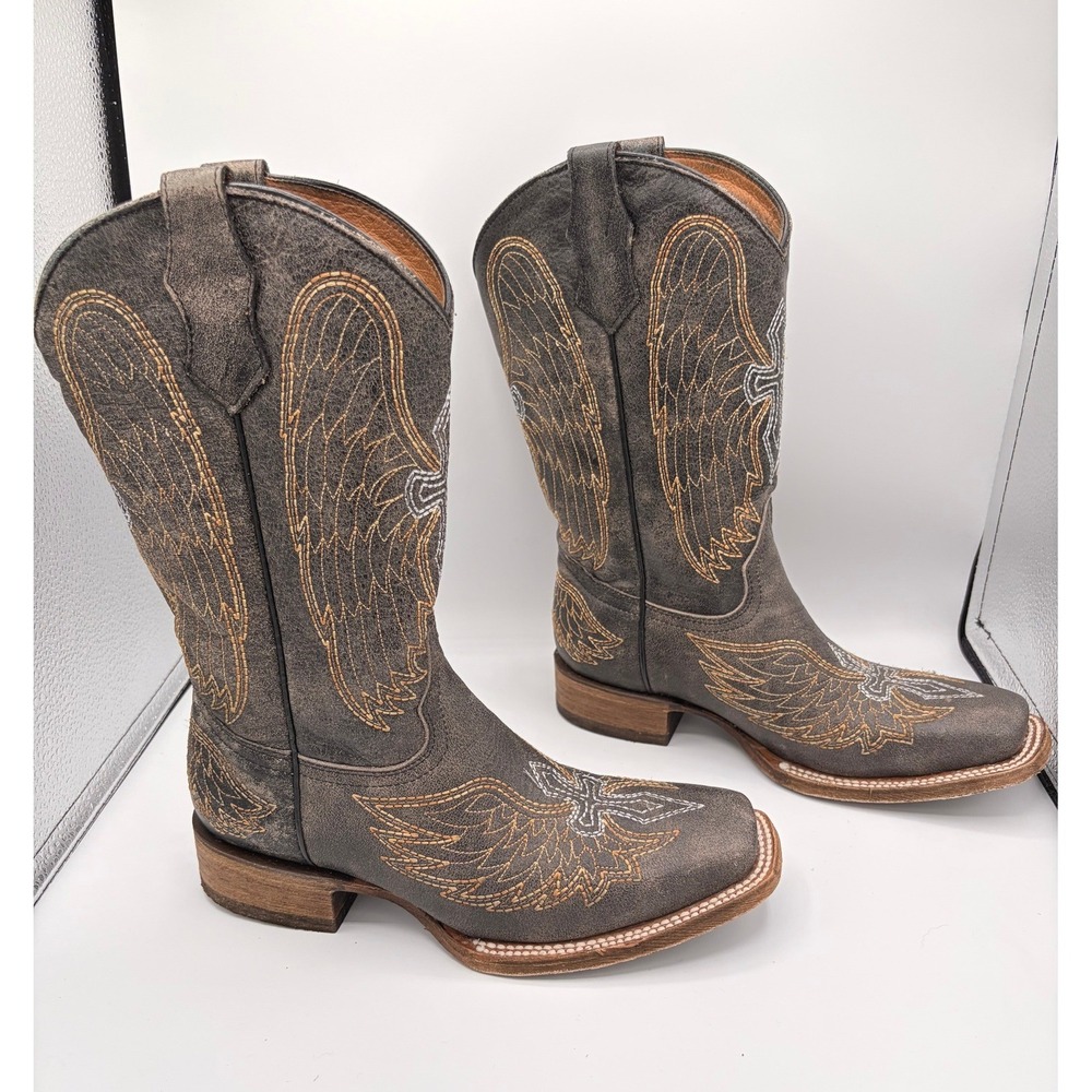 Corral Teens Western Boots 4.5T Wing Cross Brown Leather Square Toe A1032